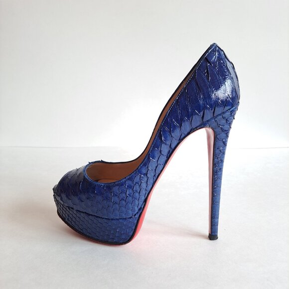 Christian Louboutin Lady Peep Heels Blue Python Snakeskin Shoes